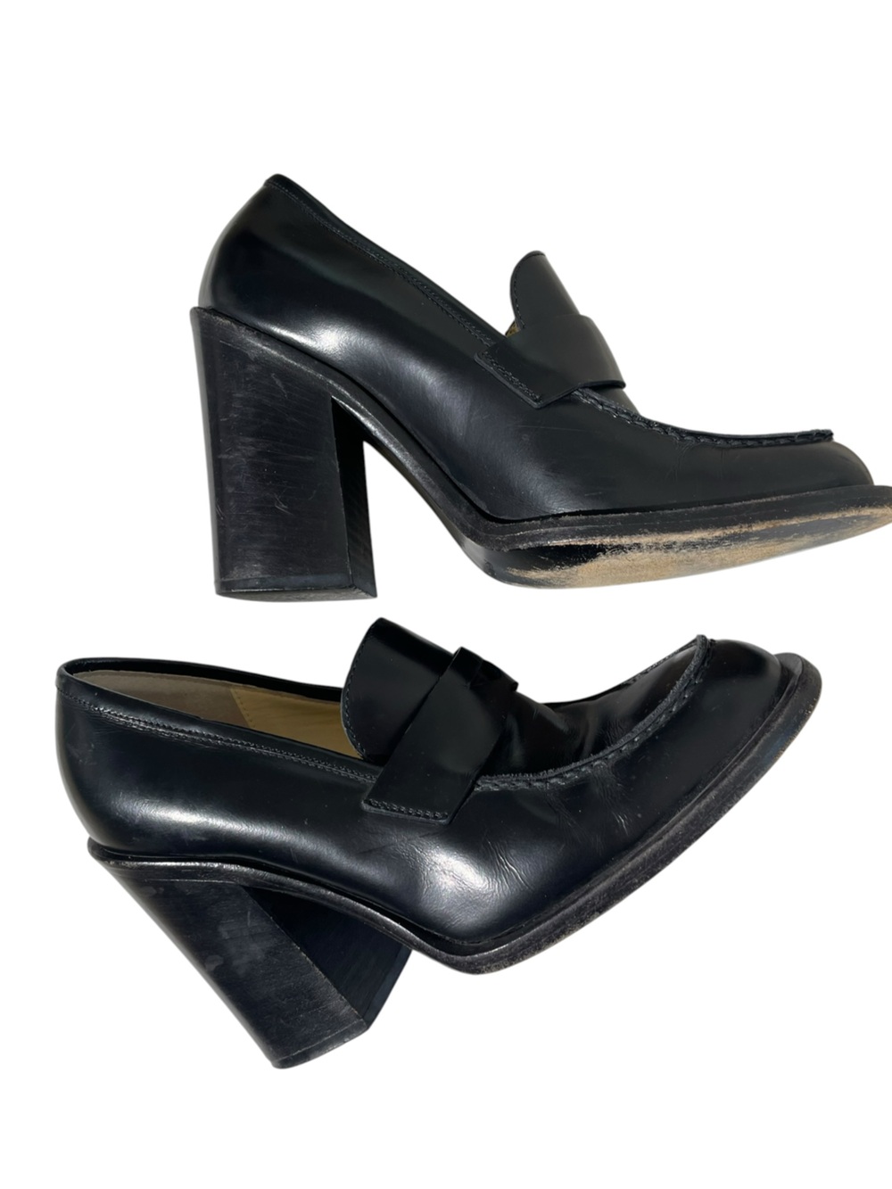 Miu Miu 90s Prada High Block Heel Leather Loafers Black Women's Sz 36.5 6.5